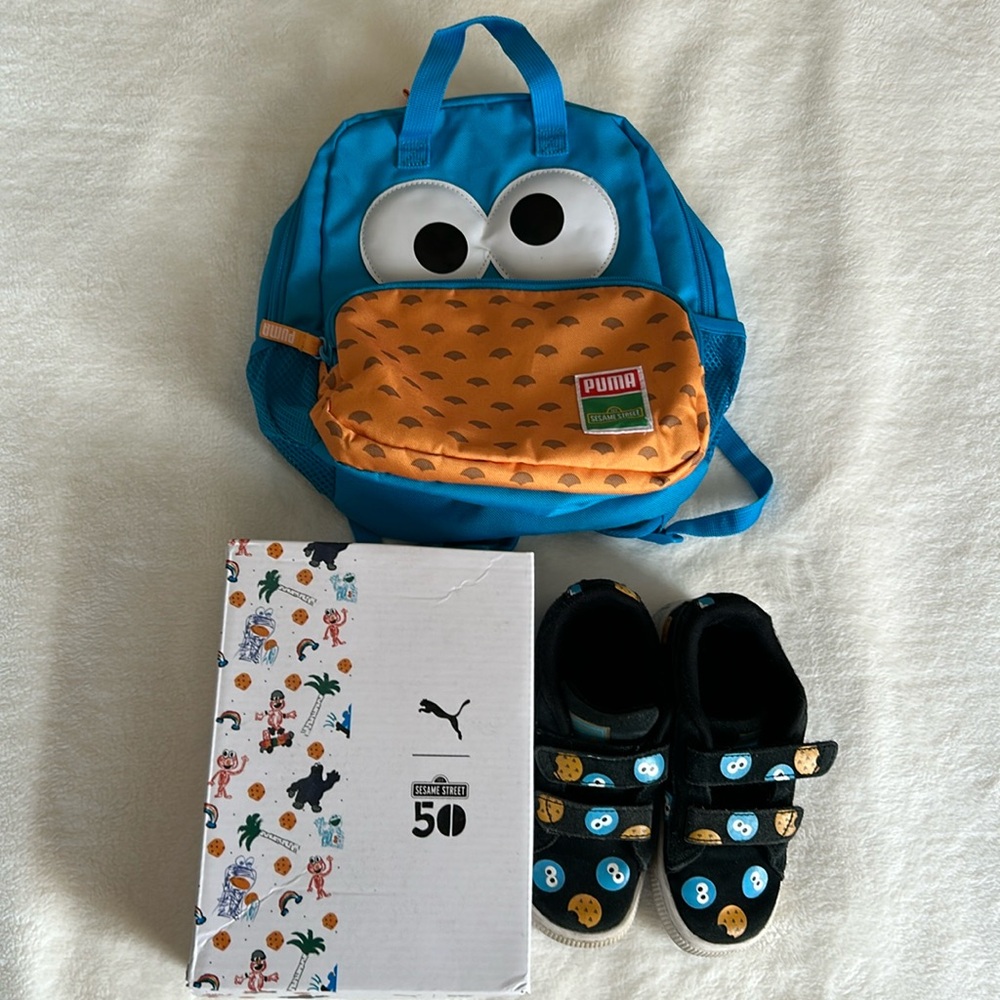 Puma x Cookie Monster toddler backpack and sneakers size 10